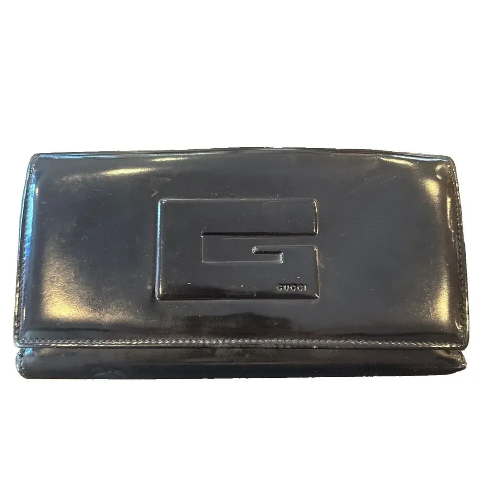 Vtg 1990s GUCCI Tom Ford Era 7” Long Patent Leather Wallet G Motif Black READ